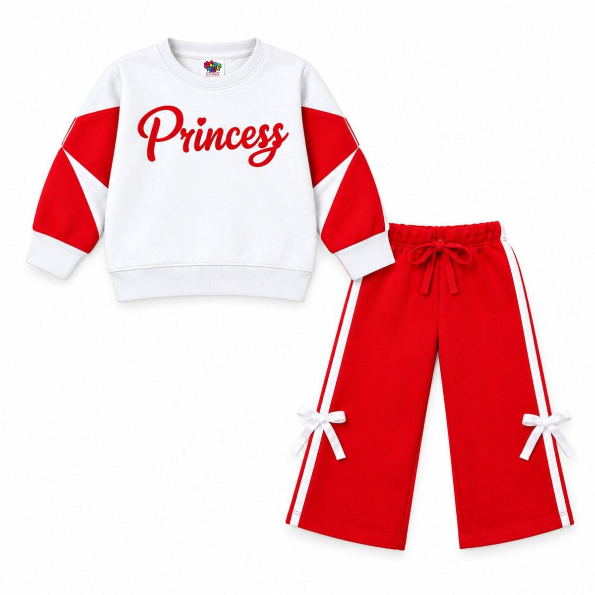 Bow Whit Print Princess Fleece Tracksuit - White & Red 