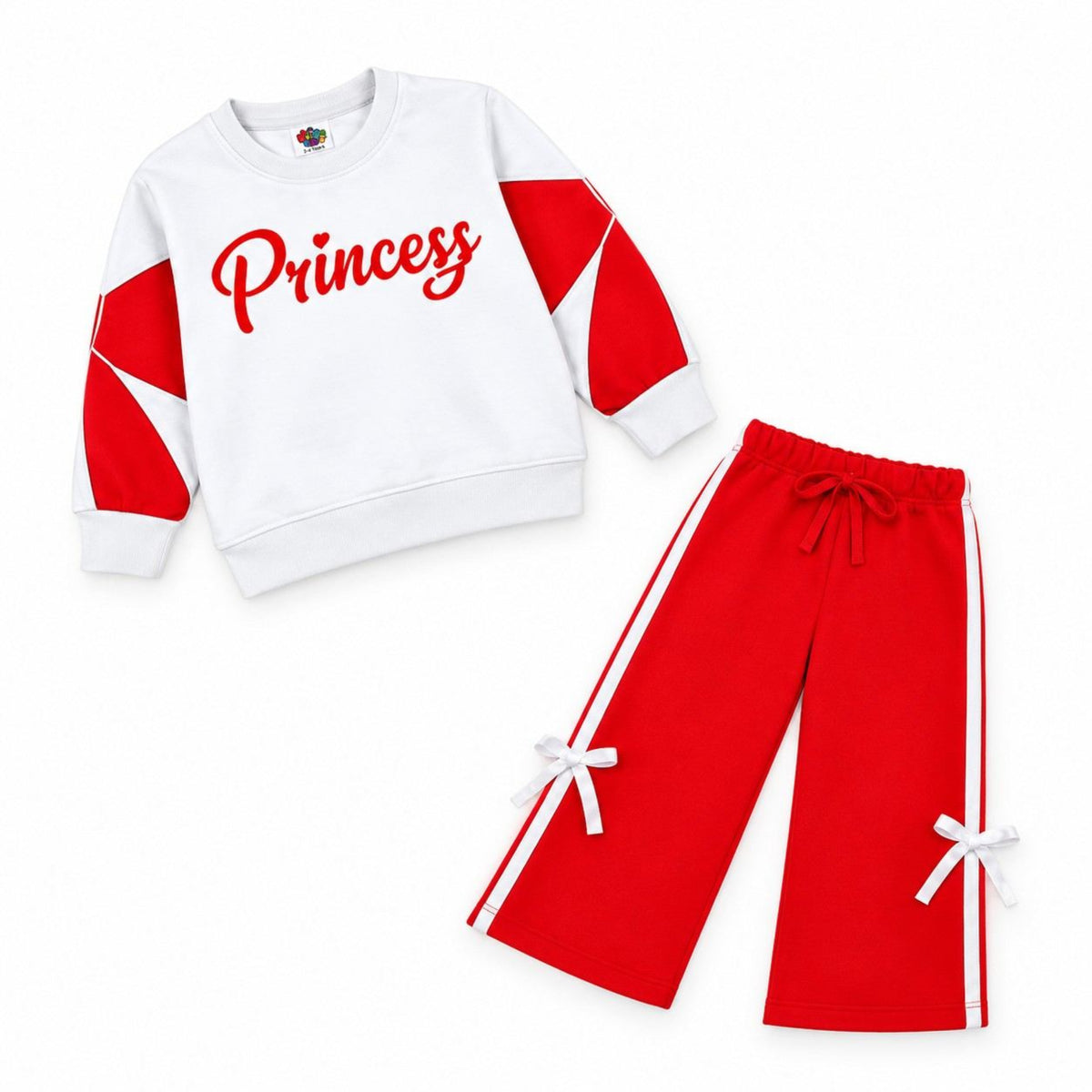 Bow Whit Print Princess Fleece Tracksuit - White & Red 
