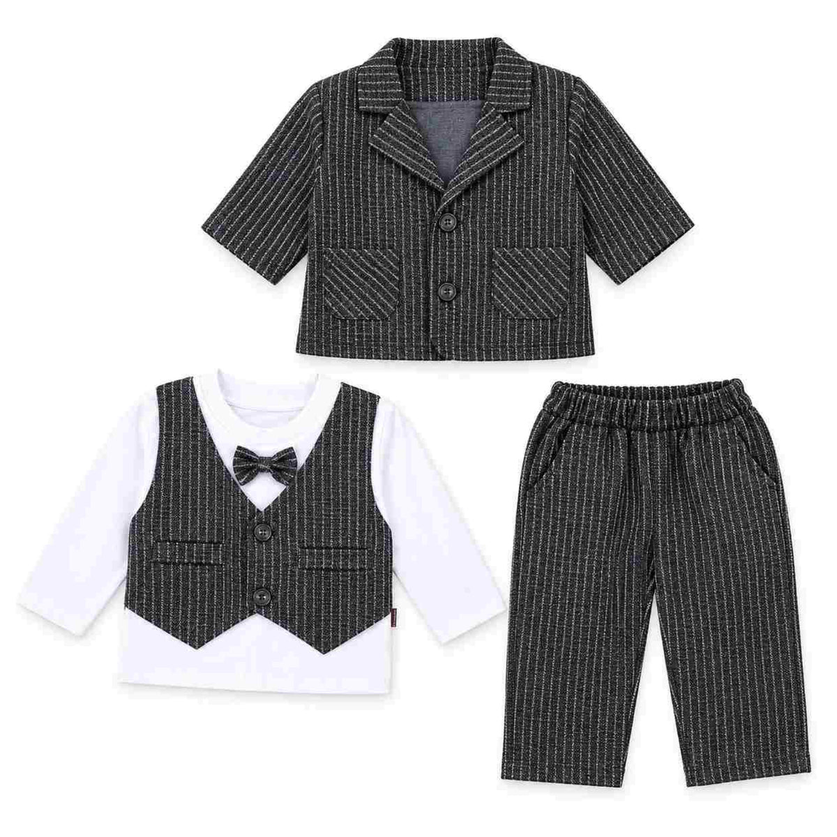 Boys Pinstripe Formal 3-Piece Suit Set - Charcoal 
