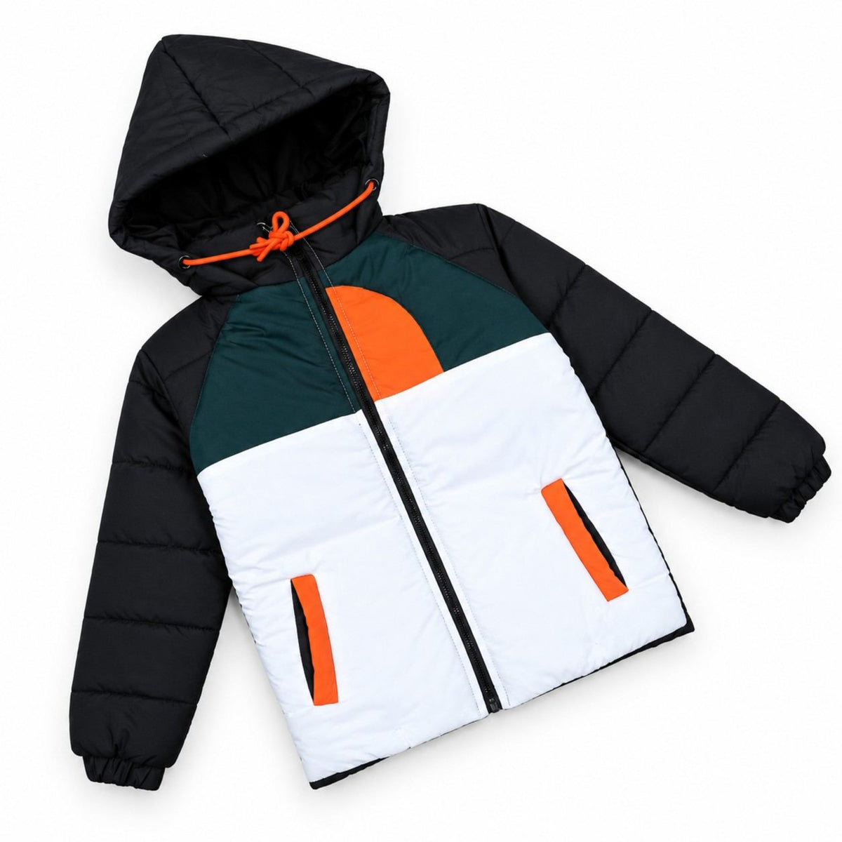Boys Tricolor Hooded Puffer Jacket - Black, White & Dark Green