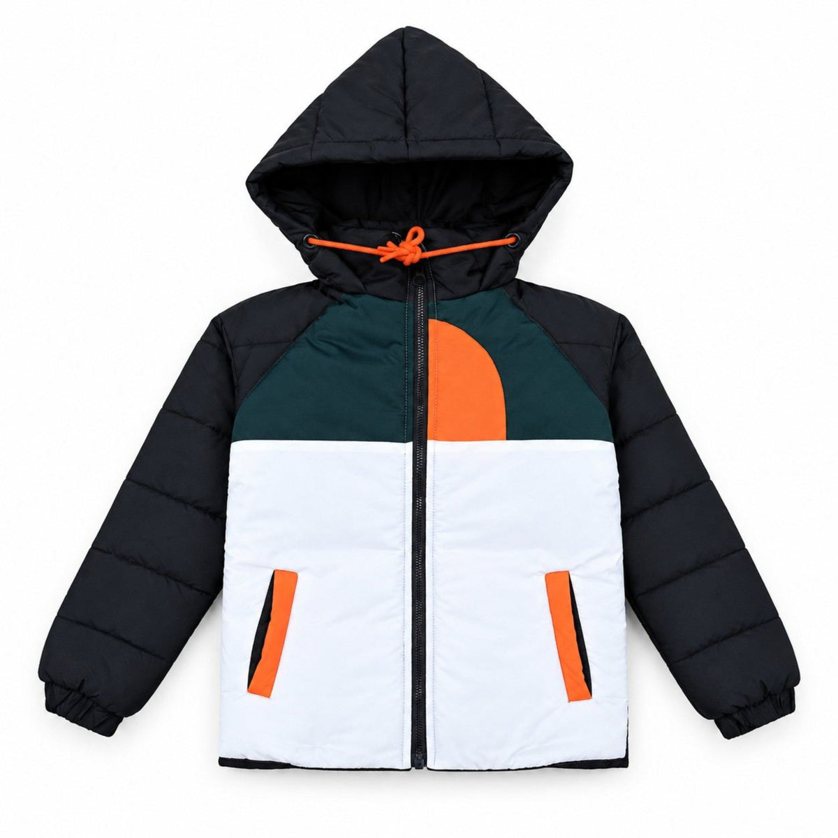 Boys Tricolor Hooded Puffer Jacket - Black, White & Dark Green