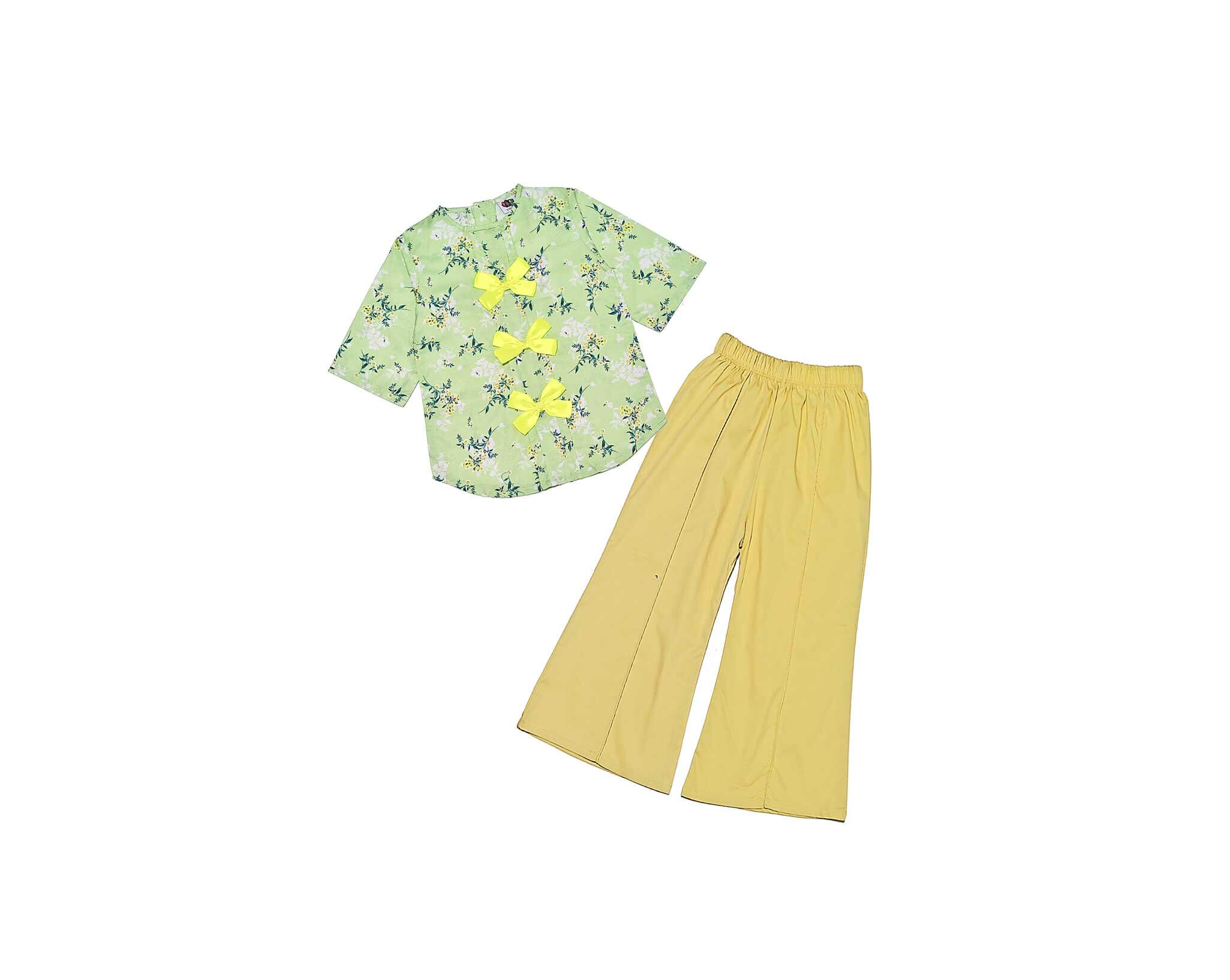 Breeze Flowers Pleatts Top With Flapper Trouser -Pistachio Green Lime Yellow