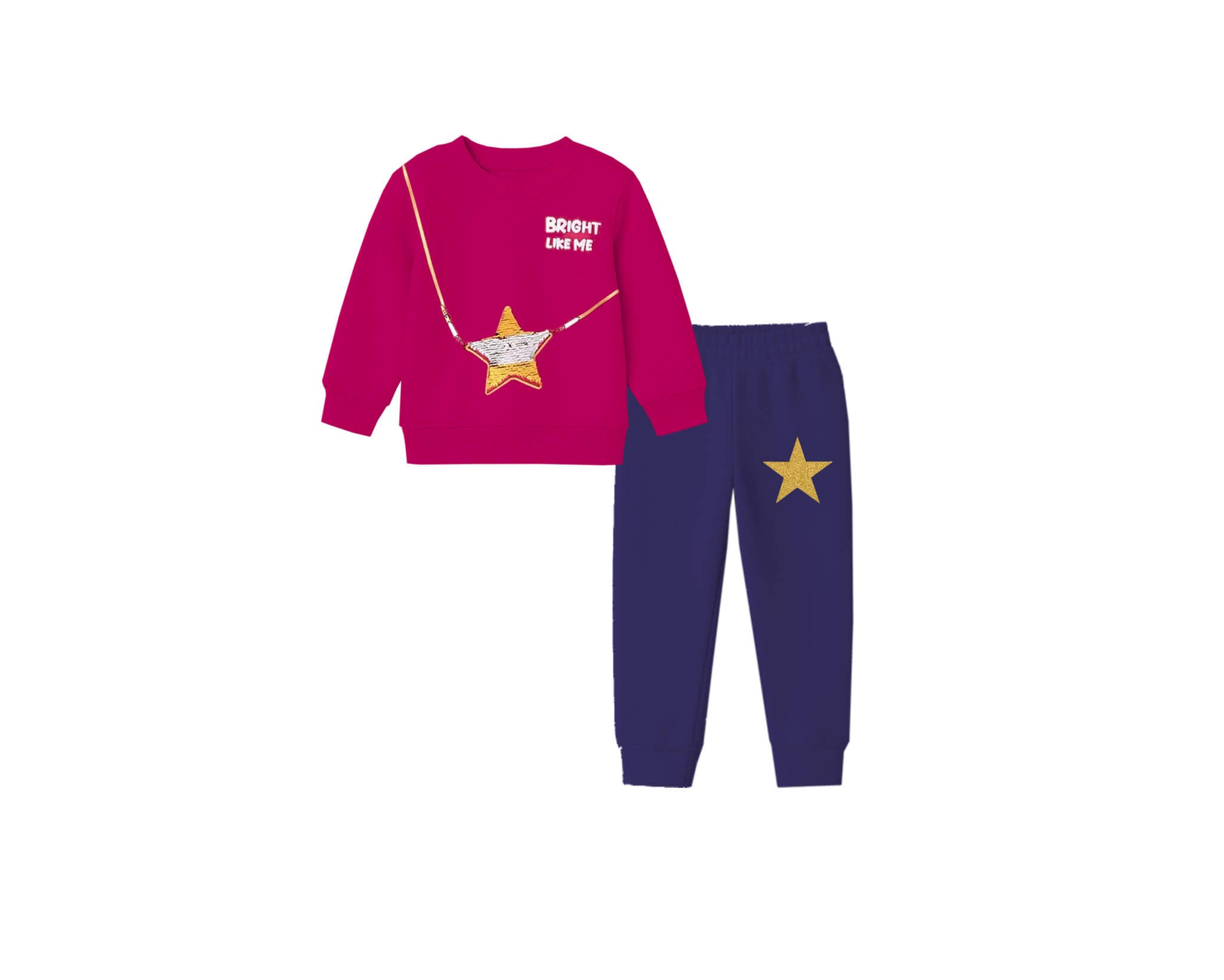 Bright Like Me Sequins Star Fleece Tracksuit - Shocking Pink &amp; Ink Blue
