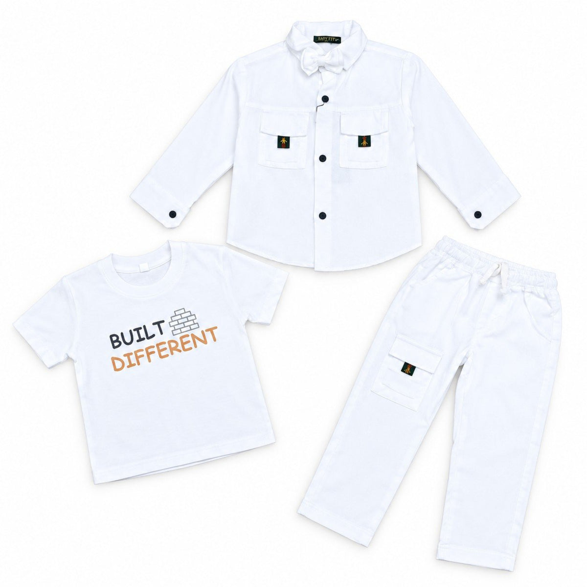 Built Different Printing Inner Cotton Emboss 3-Piece Casual Shirt & Cargo Pant With Bow - White