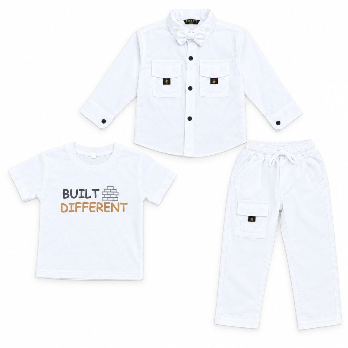 Built Different Printing Inner Cotton Emboss 3-Piece Casual Shirt & Cargo Pant With Bow - White