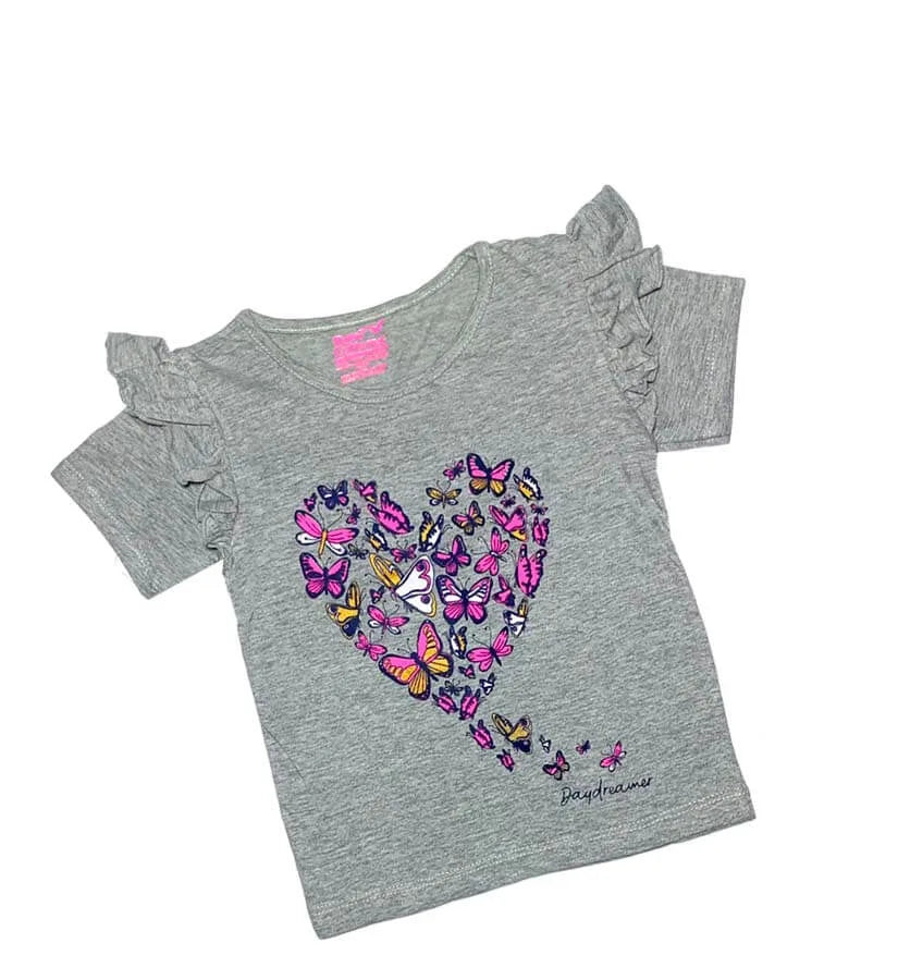 Butterflies Heart Frill Tee Shirt - Gray