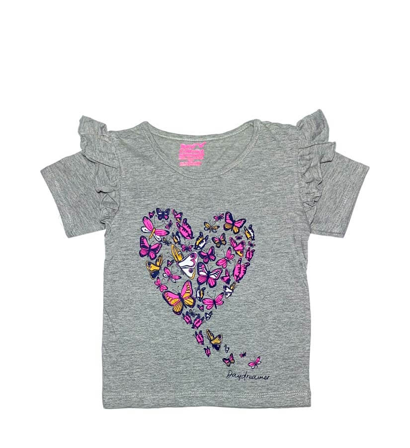 Butterflies Heart Frill Tee Shirt - Gray