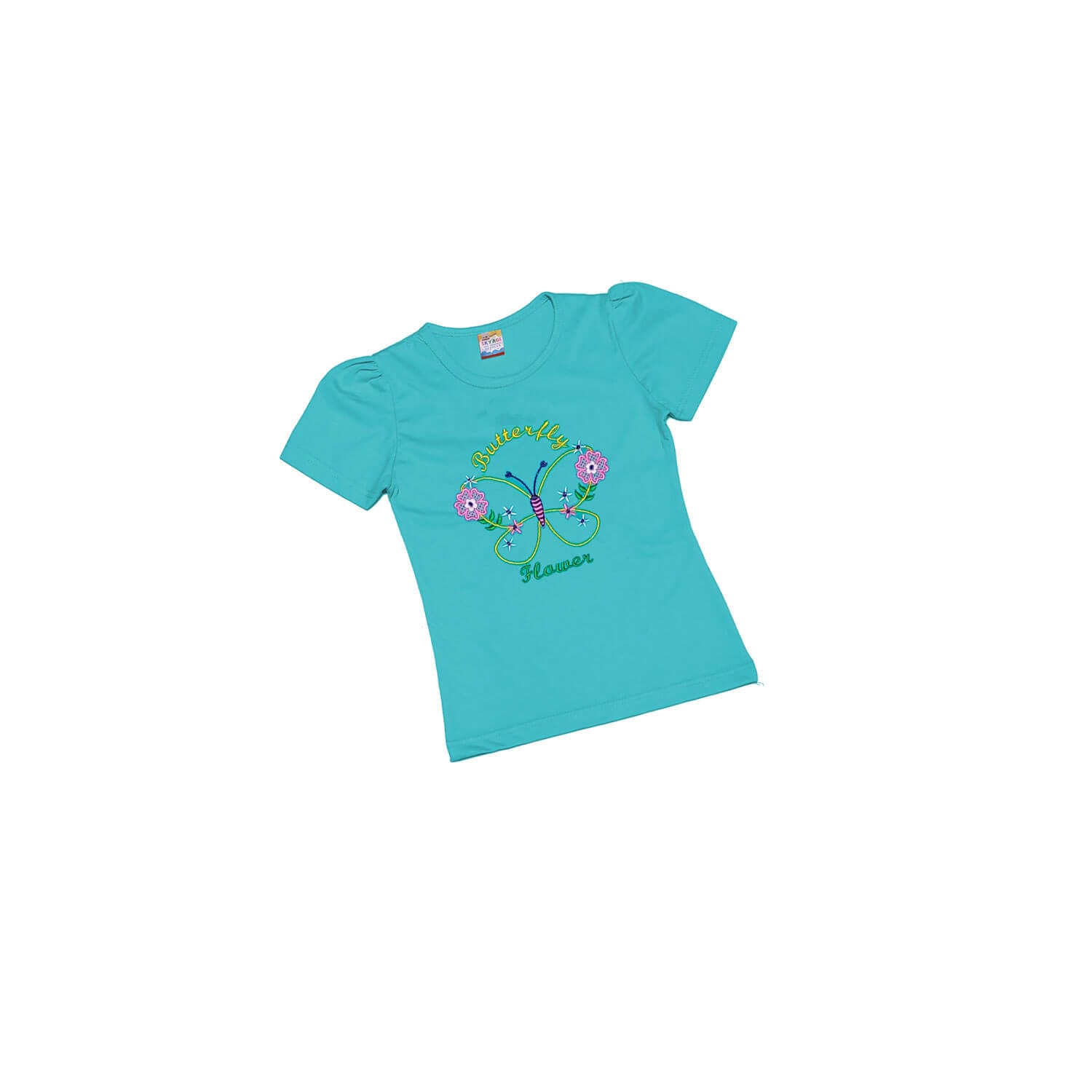 Butterfly Flowers Puff Sleeves T Shirt- Aqua