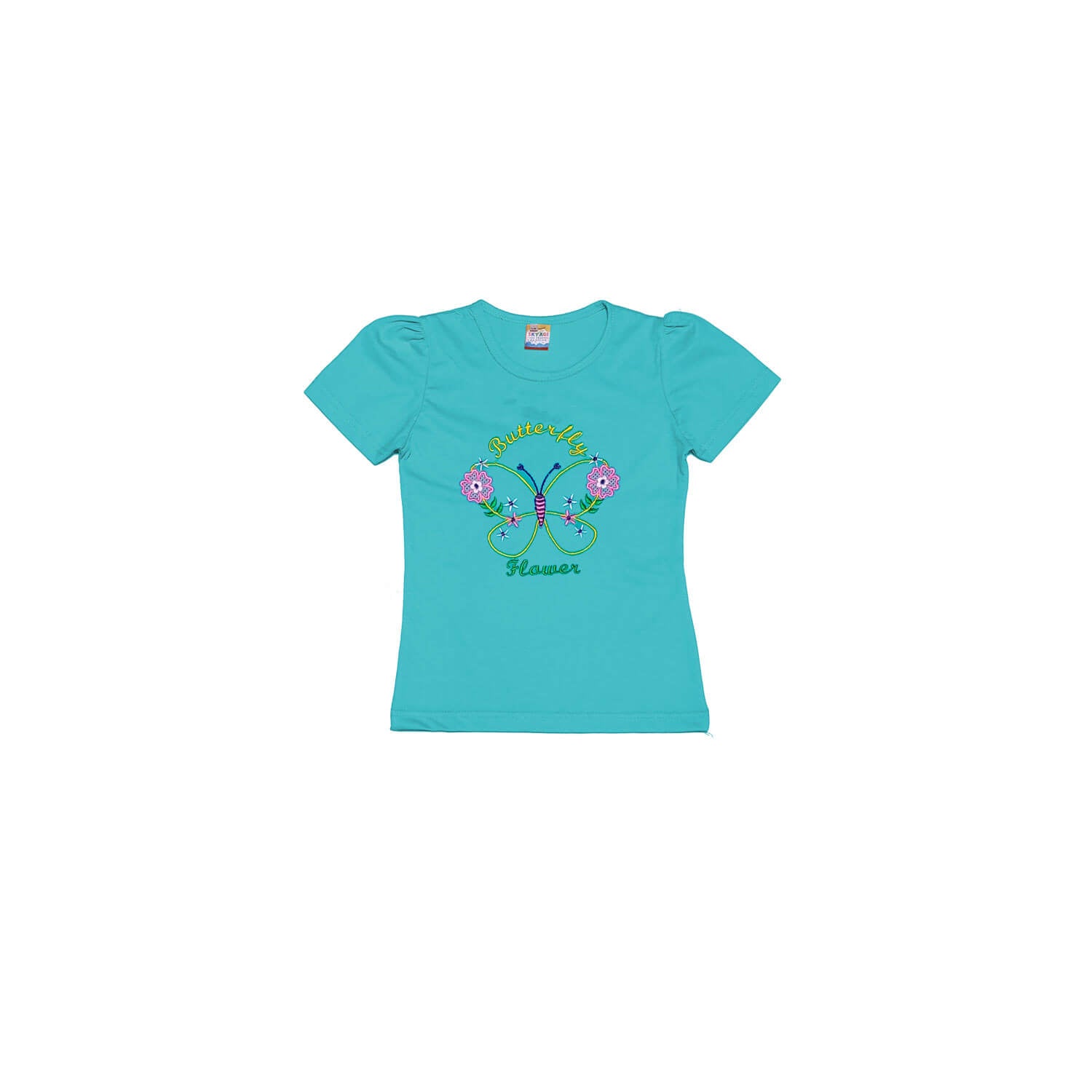 Butterfly Flowers Puff Sleeves T Shirt- Aqua
