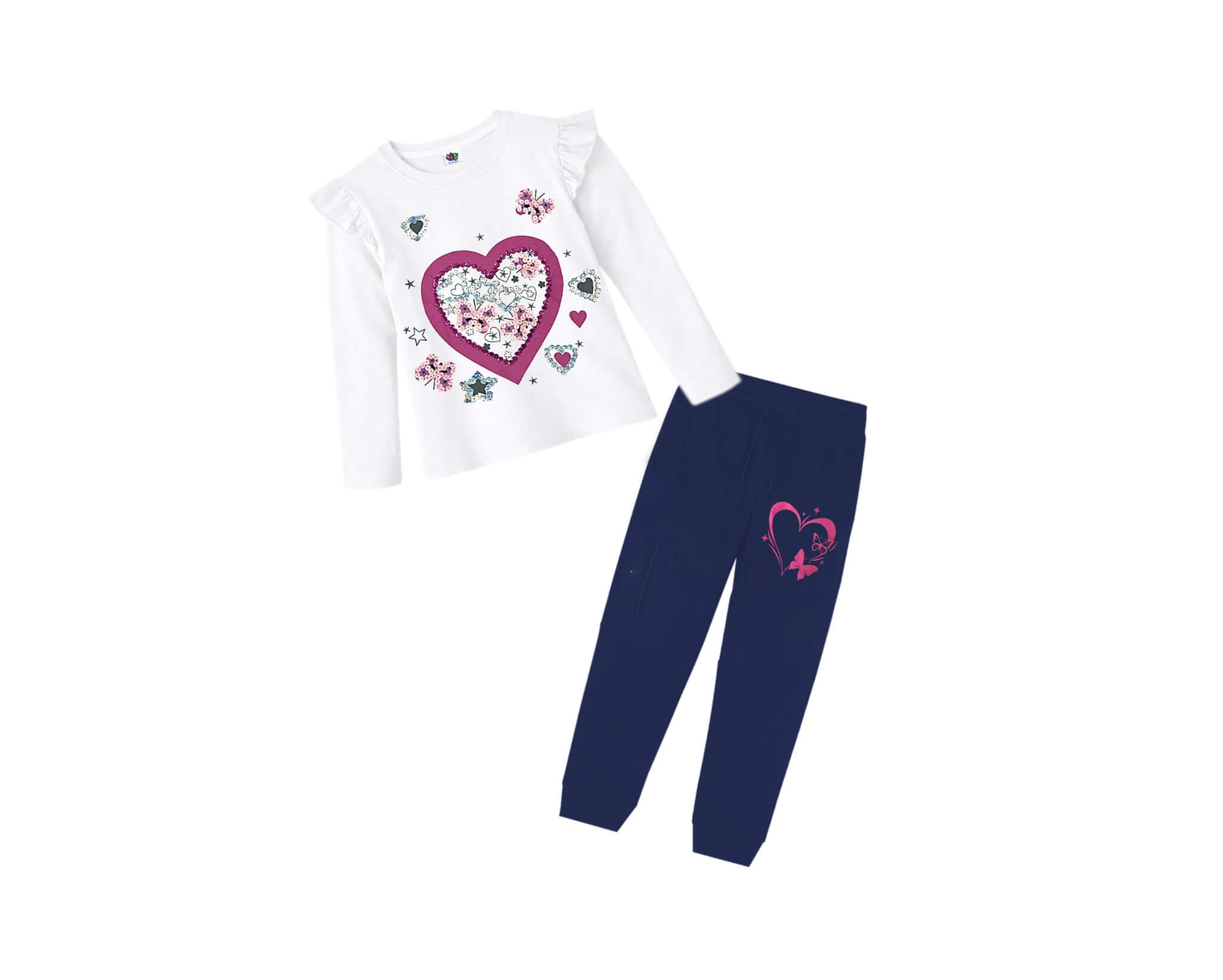 Butterfly &amp; Hearts Sequence Work Frill Tee &amp; Trouser - White &amp; Navy Blue
