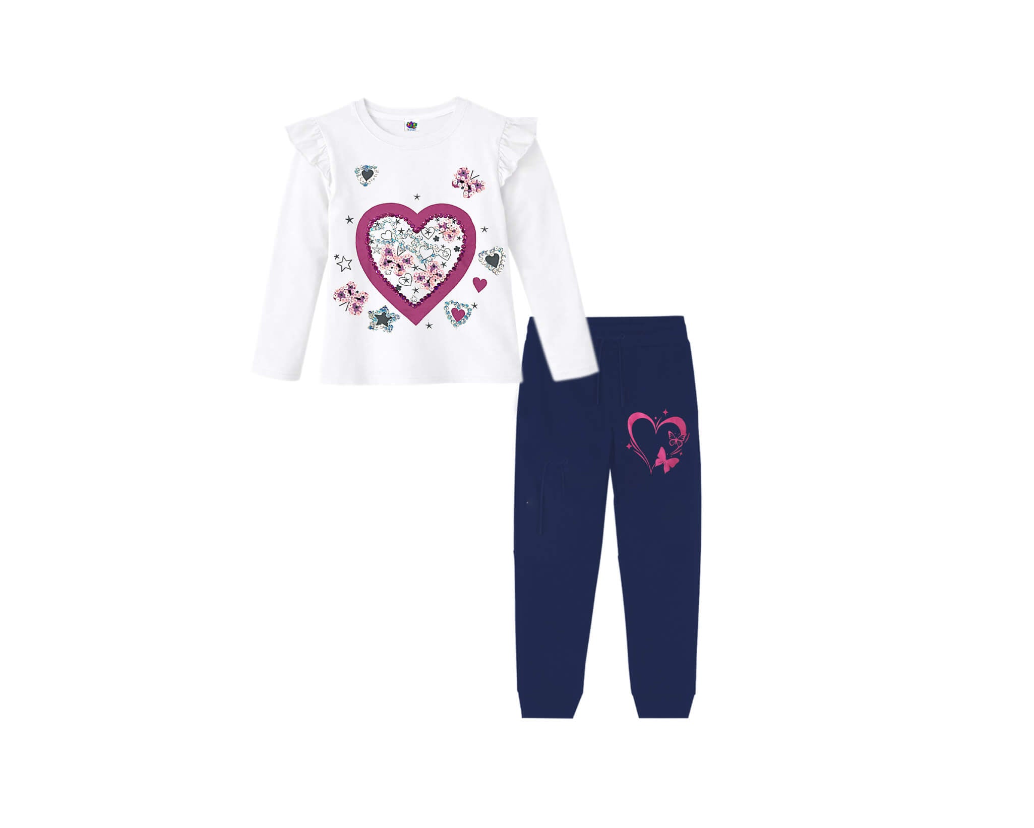 Butterfly &amp; Hearts Sequence Work Frill Tee &amp; Trouser - White &amp; Navy Blue