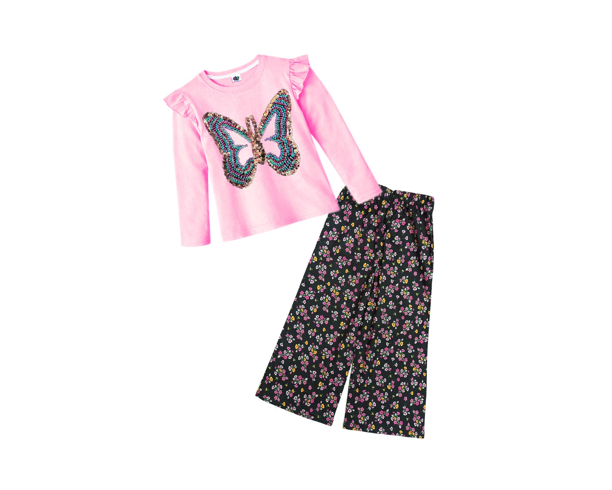 Butterfly Multi Pearls &amp; Sequin Tee Shirt &amp; Plazzo –Pink &amp; Navy Blue