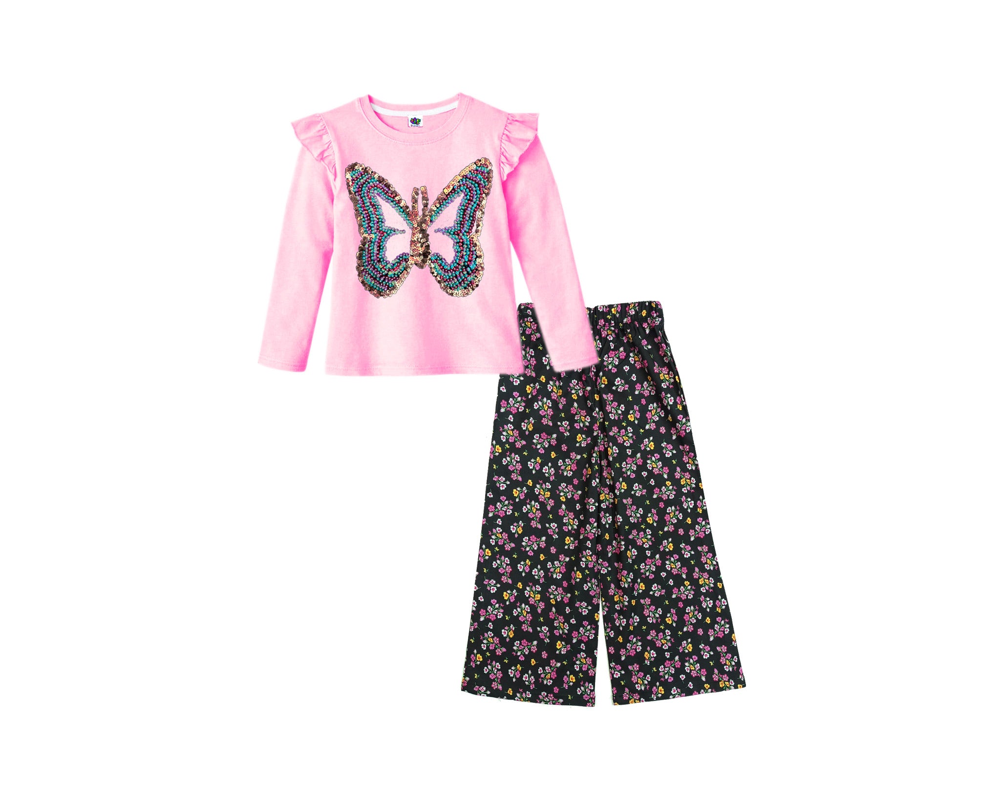Butterfly Multi Pearls &amp; Sequin Tee Shirt &amp; Plazzo –Pink &amp; Navy Blue