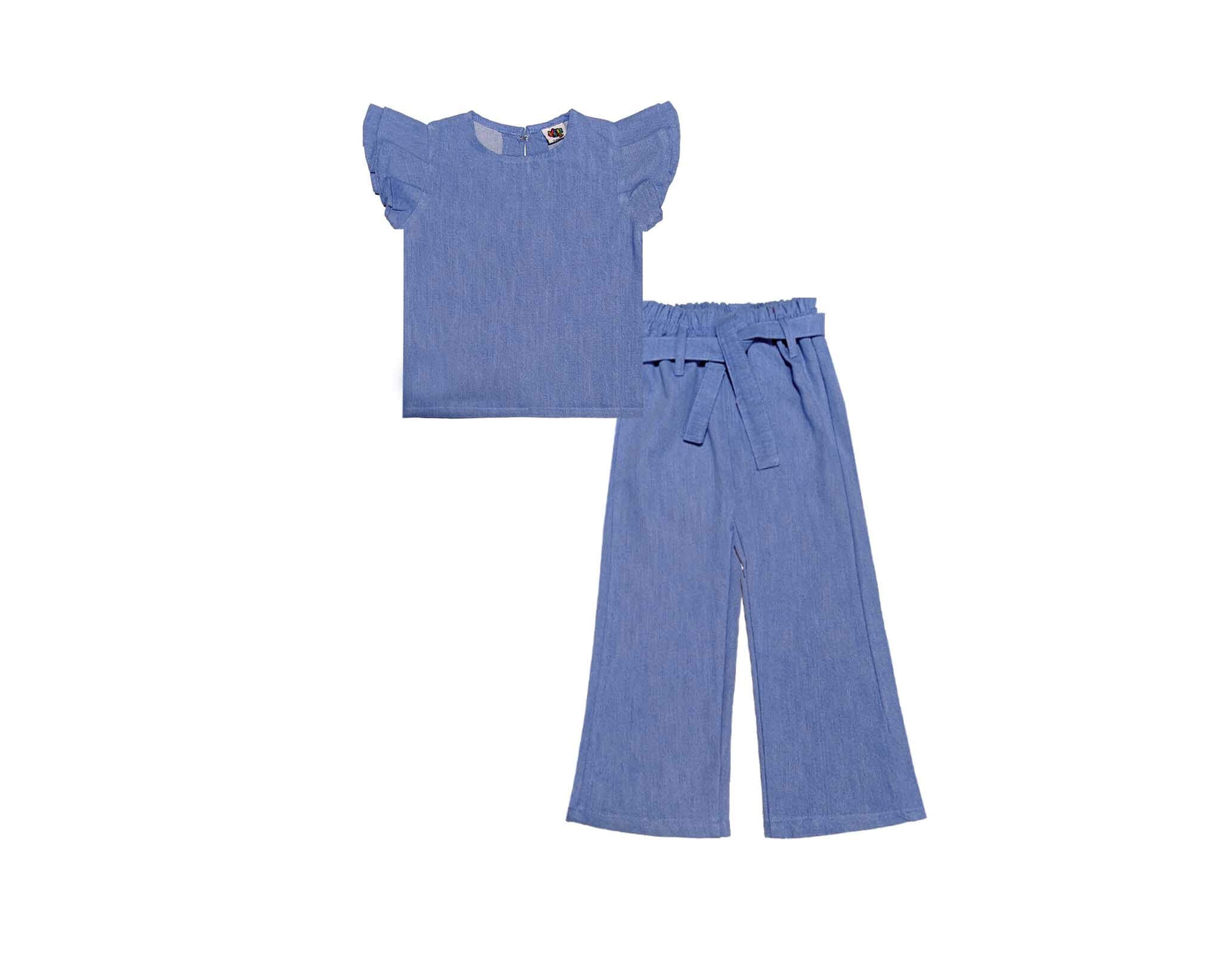 Butterfly Sleeves Jeans Top & Flapper Trouser - Sky Blue