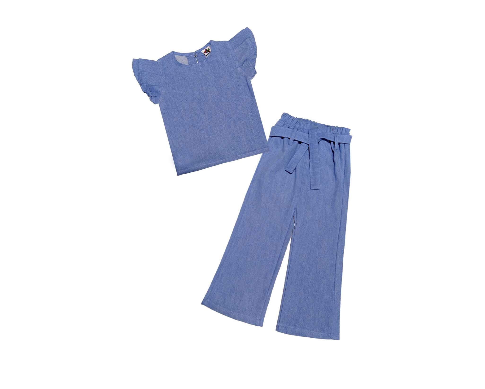 Butterfly Sleeves Jeans Top & Flapper Trouser - Sky Blue
