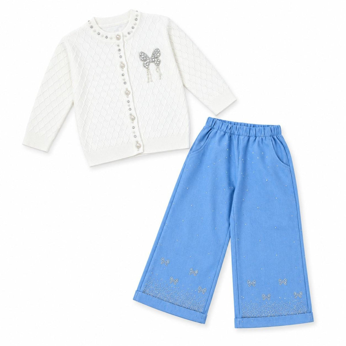 Butterfly Embellished Sweater & Rhinestone Blue Pant - White & Blue