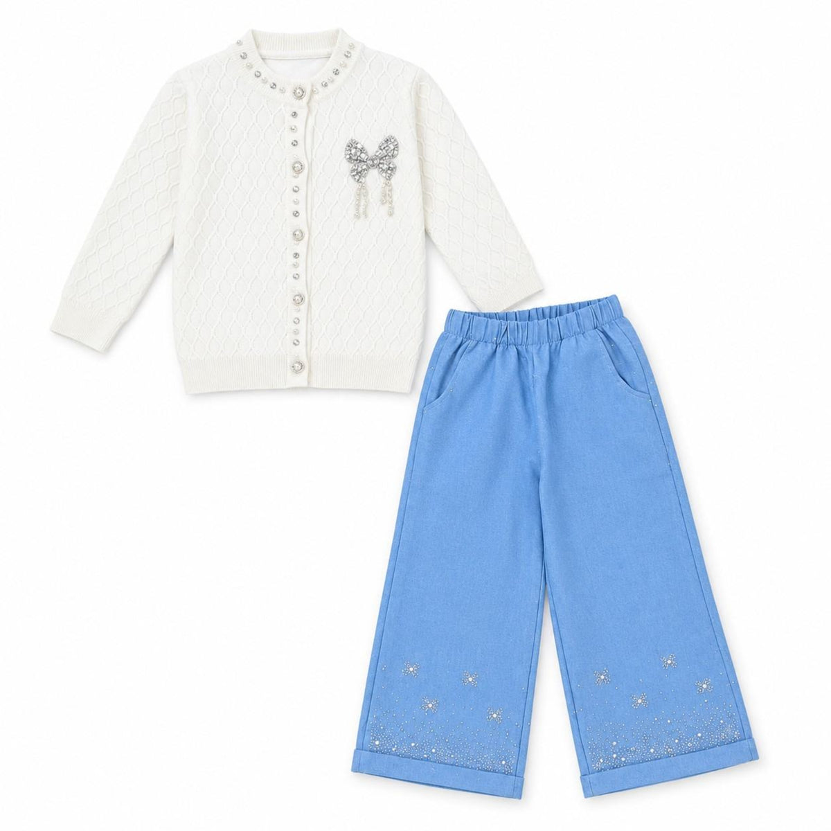 Butterfly Embellished Sweater & Rhinestone Blue Pant - White & Blue
