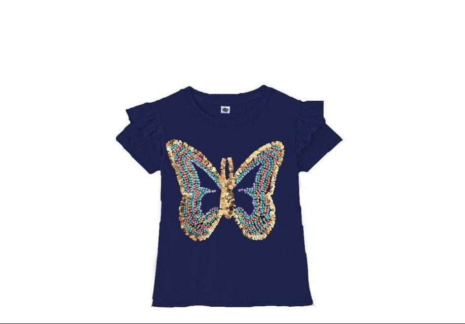 Butterfly Multi Pearls Sequin Tee Shirt – Navy Blue
