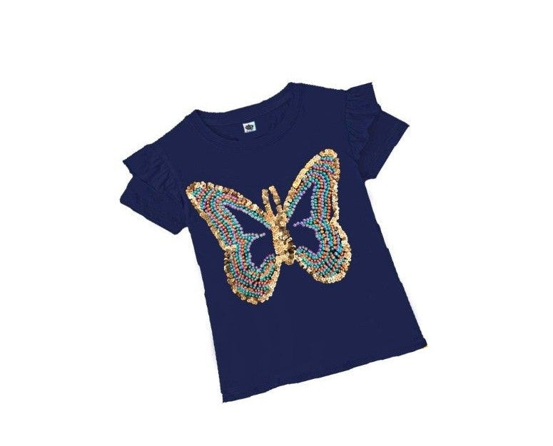 Butterfly Multi Pearls Sequin Tee Shirt – Navy Blue