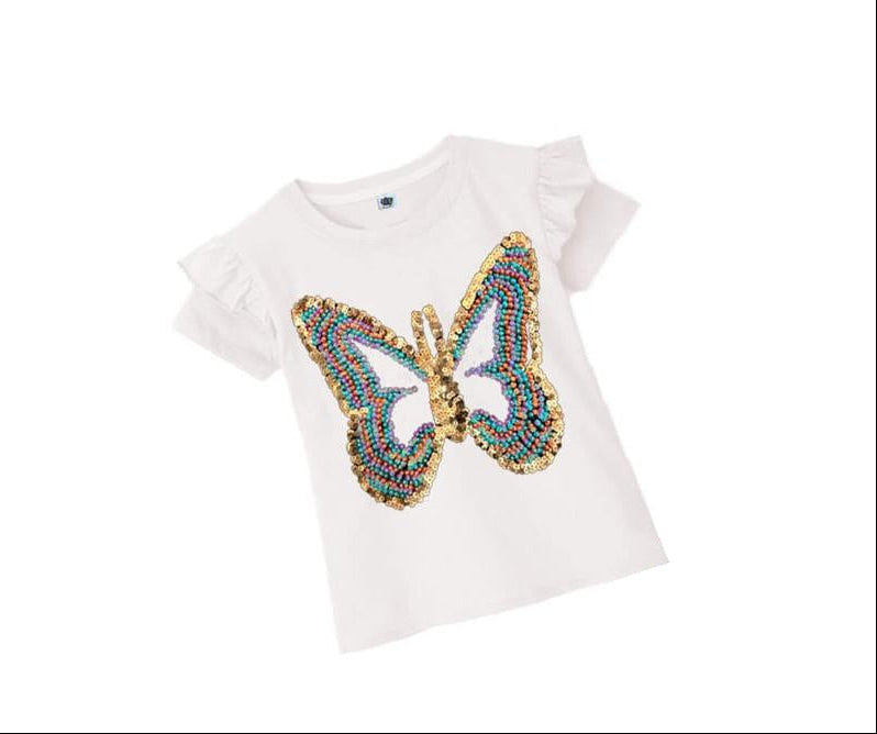 Butterfly Multi Pearls Sequin Tee Shirt – White