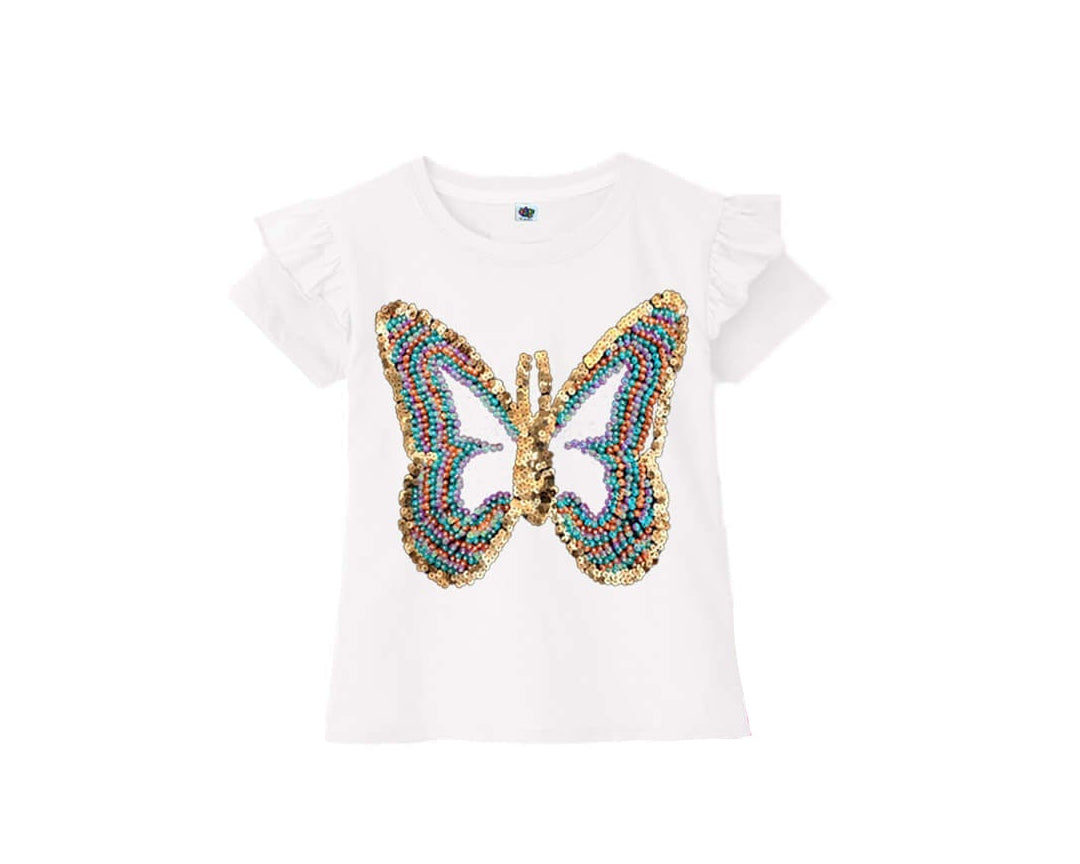 Butterfly Multi Pearls Sequin Tee Shirt – White