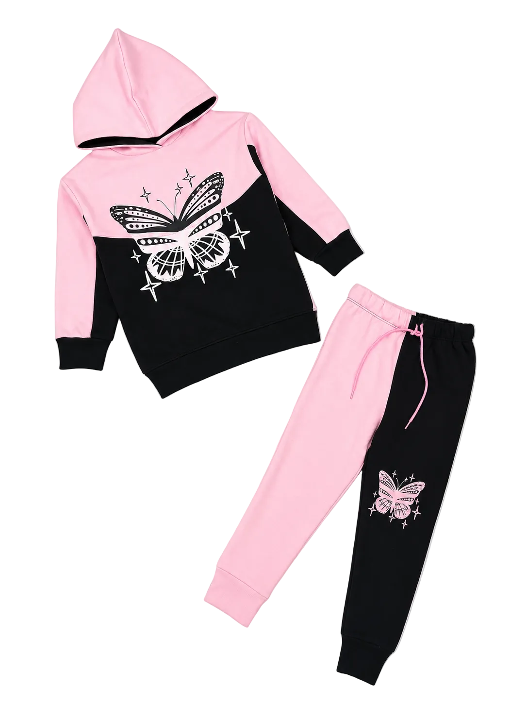 Butterfly Printed Black Penal Hoodie Fleece Tracksuit - Baby Pink & Black-1