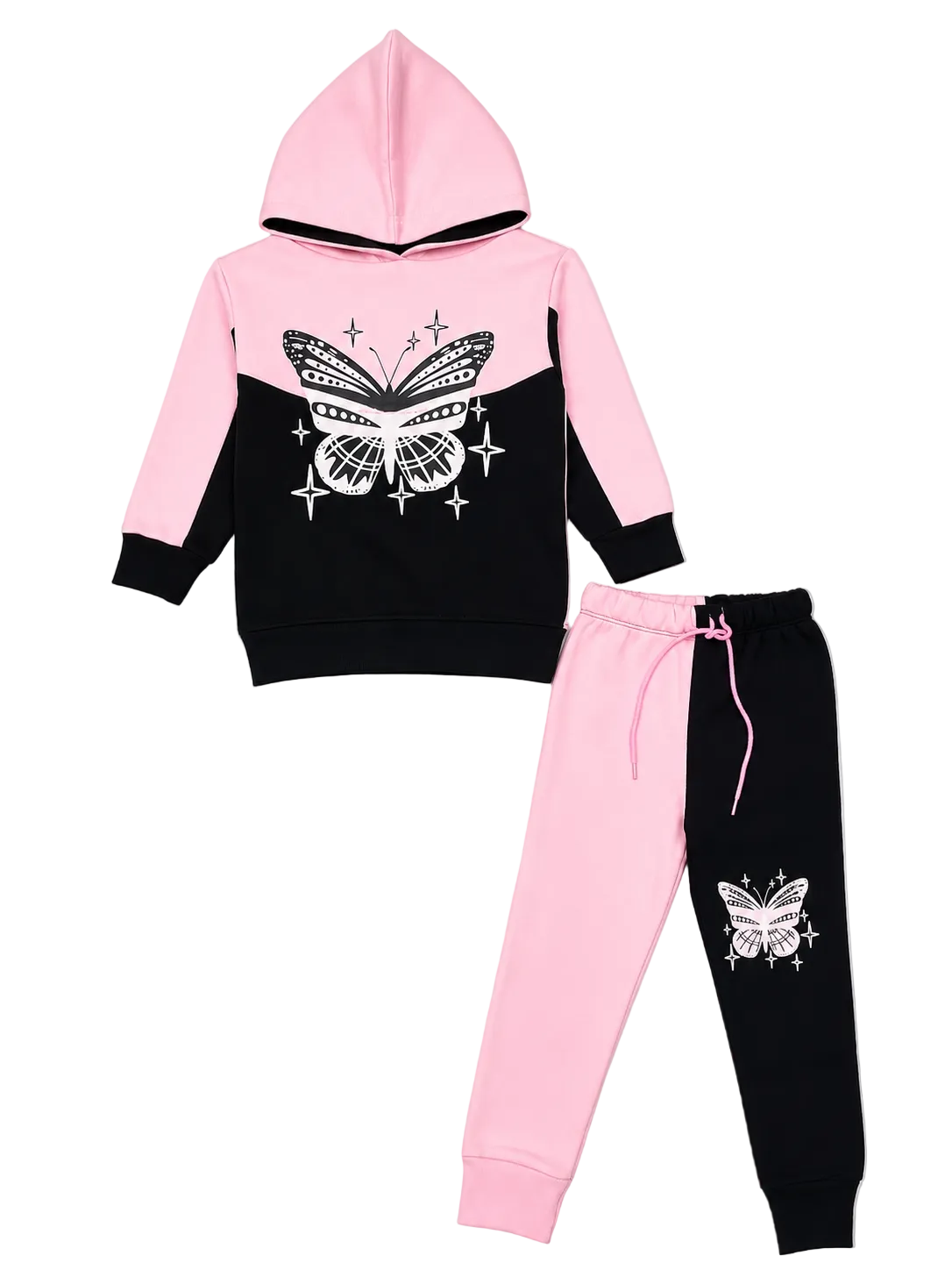 Butterfly Printed Black Penal Hoodie Fleece Tracksuit - Baby Pink & Black
