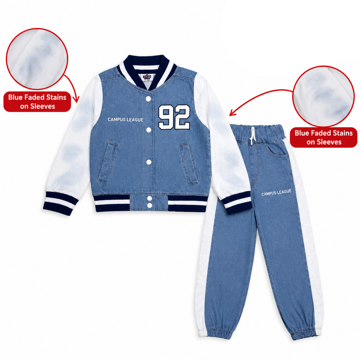 Campus League 92 Sleeves Stained Denim Base Ball Jacket & Trouser - Light Blue