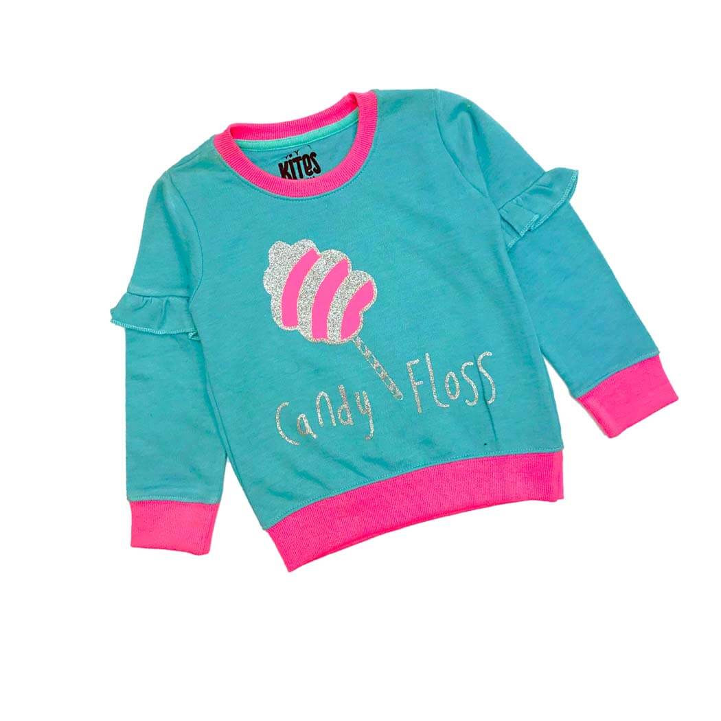 Candy Floss Frill Sleeves Terry Sweatshirt - Sea Green