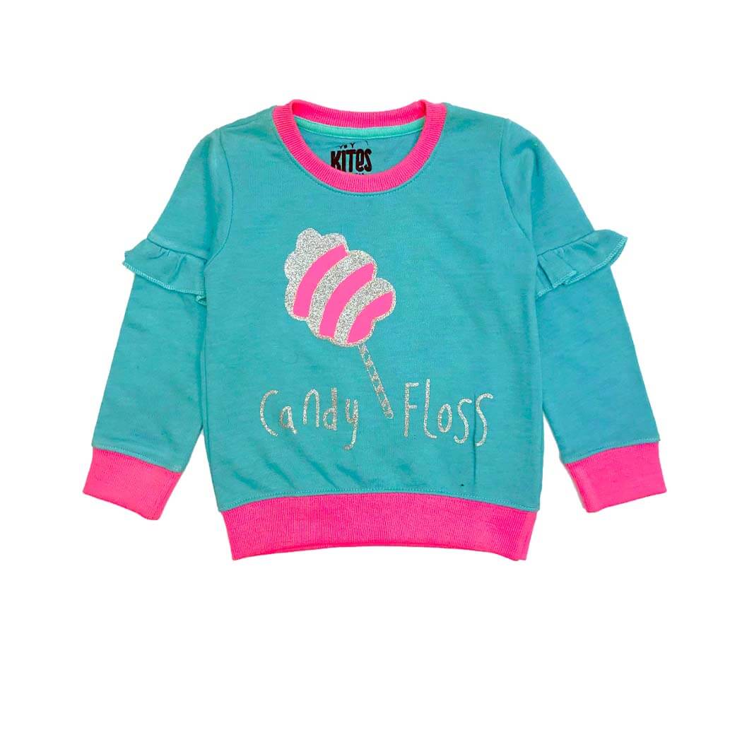 Candy Floss Frill Sleeves Terry Sweatshirt - Sea Green
