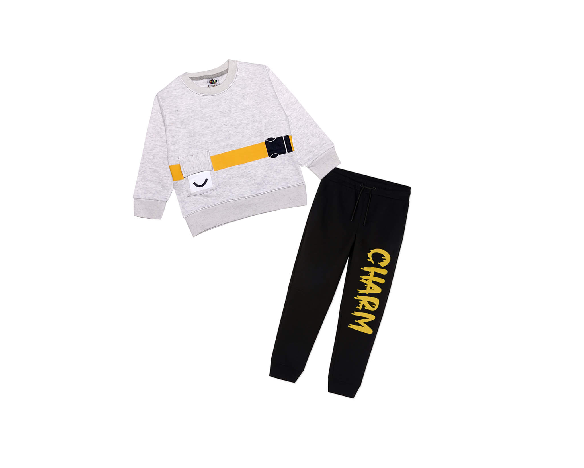 Charm Smile Pocket Fleece Tracksuit - Heather Grey &amp; Black