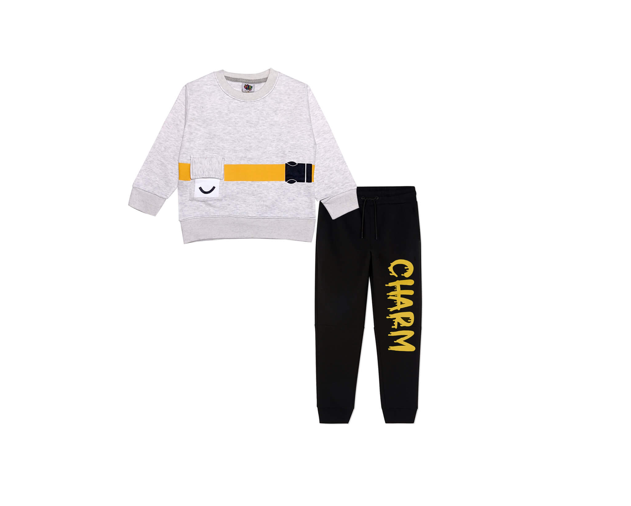 Charm Smile Pocket Fleece Tracksuit - Heather Grey &amp; Black