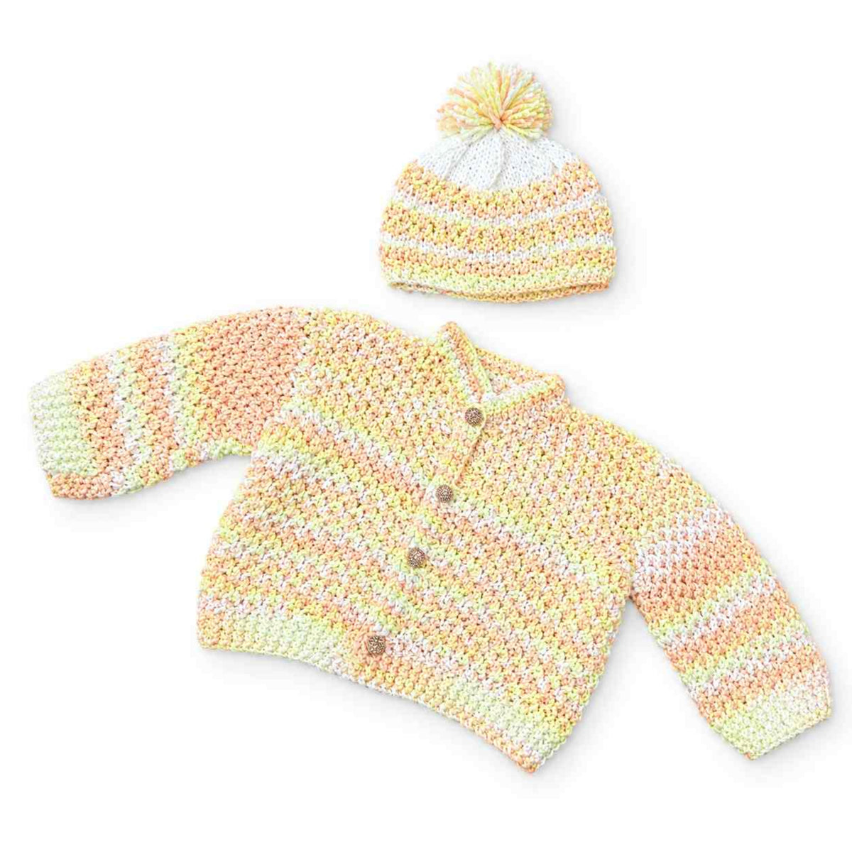 Frock With Cap Baby Hand Made Wool - White & Peach