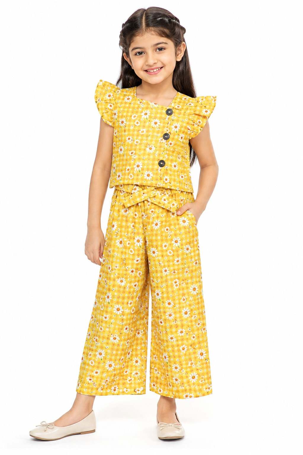 Stylish Neck Top With Frilled Sleeves & Flapper Trouser - Yellow