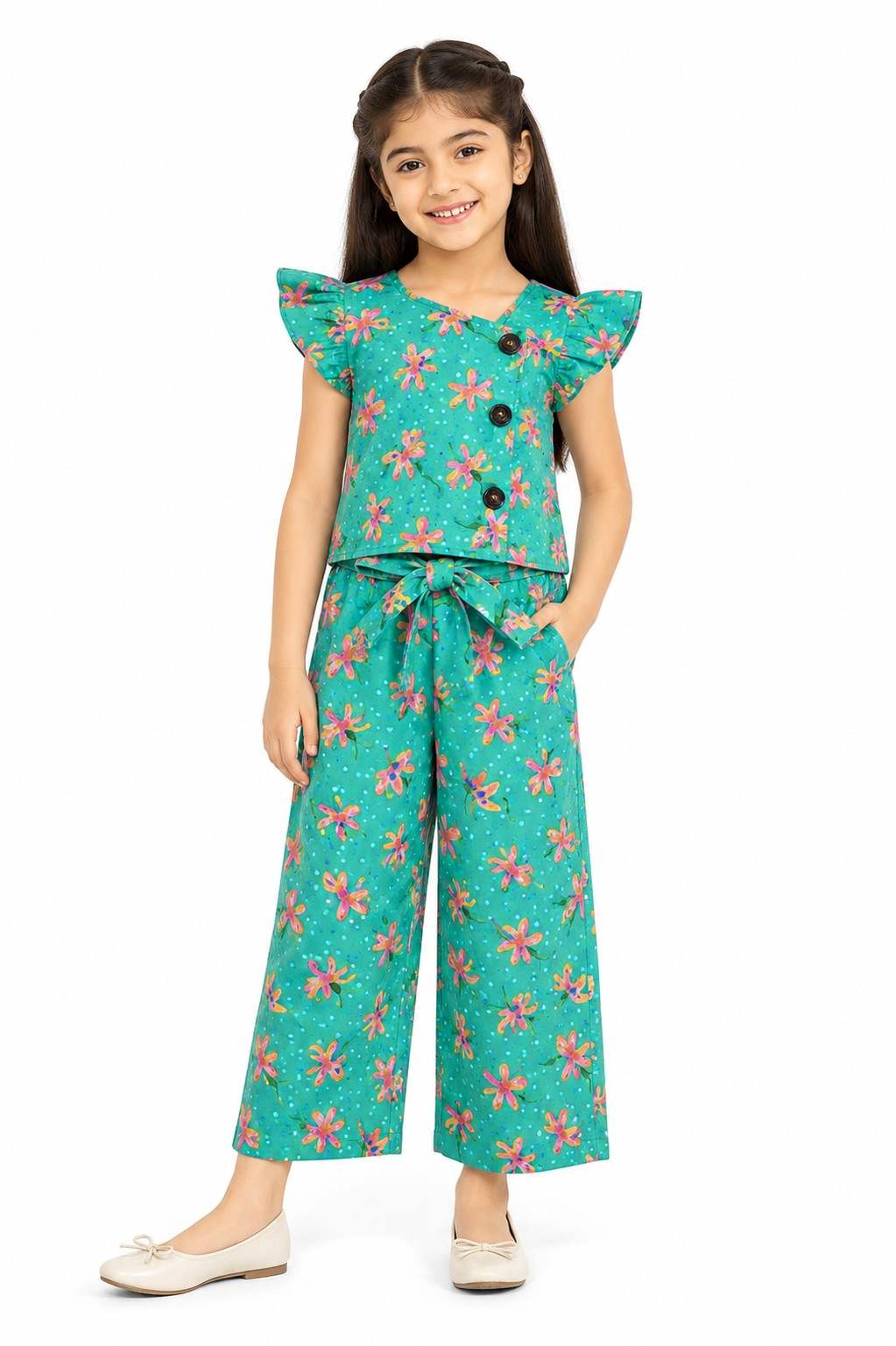 Frilled Sleeves With Stylish Neck Top & Flapper Trouser - Green