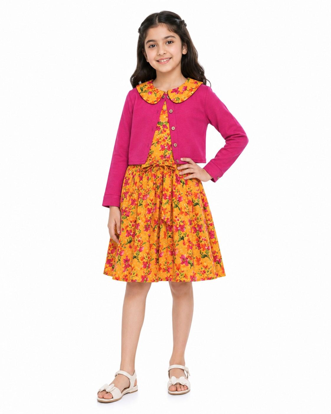 Stylish Coller Top And Frock - Shocking Pink & Yellow