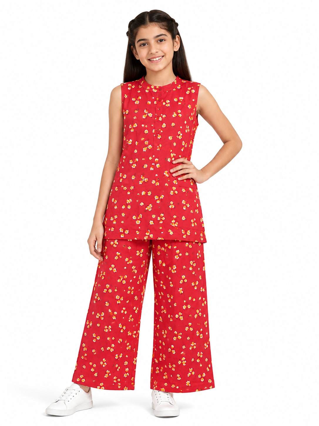 Yellow Mini Floral sleeveless 2-piece digital printed lawn -Red