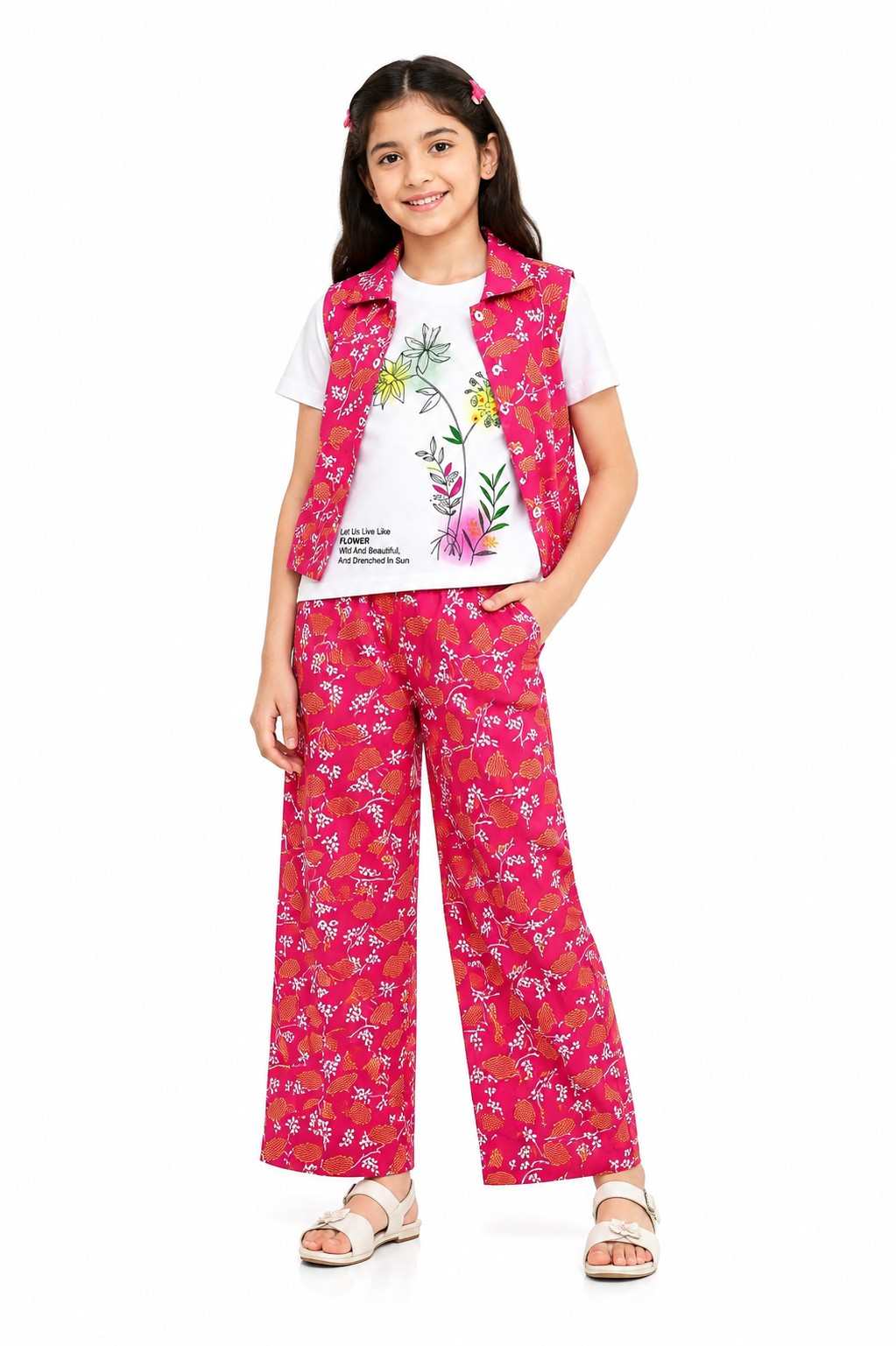 Rose Garden Floral Printed Tee Shirt Sleeveless Inner & Flapper Trouser - Shocking Pink