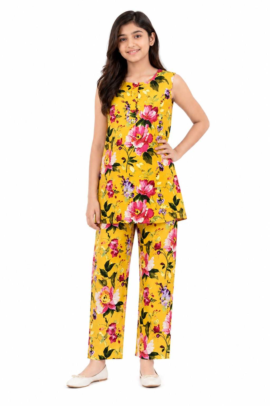 Pink Flower Sleeveless Kurti & Trouser - Mustered