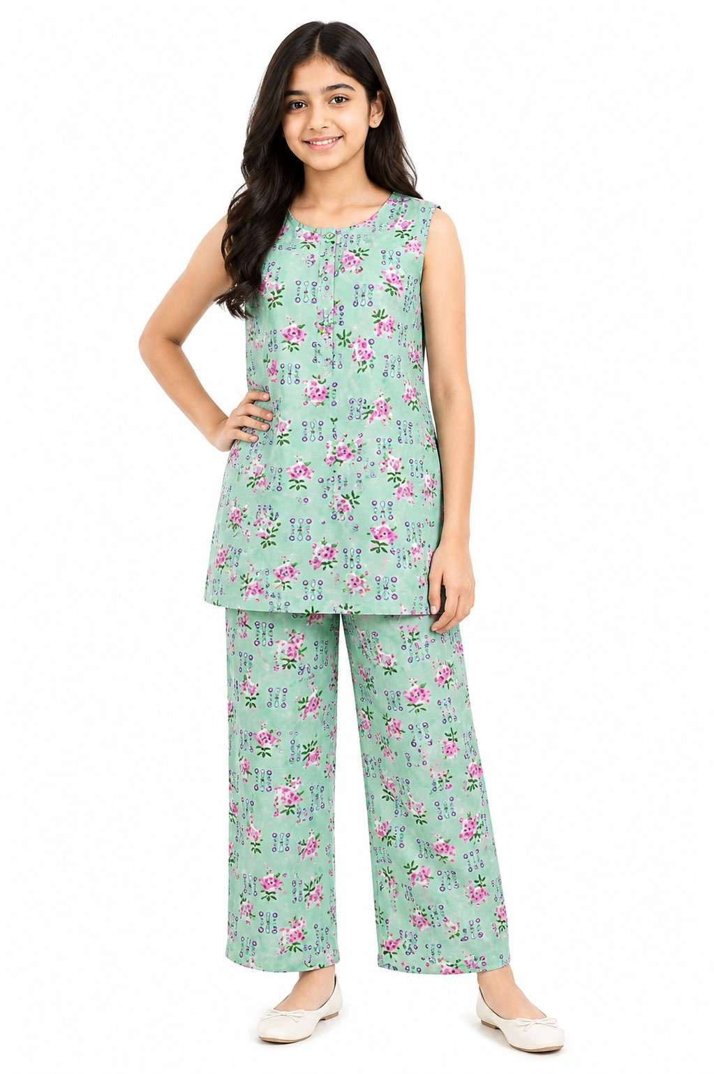 Pink Floral  sleeveless 2-piece digital printed lawn -Mint Green