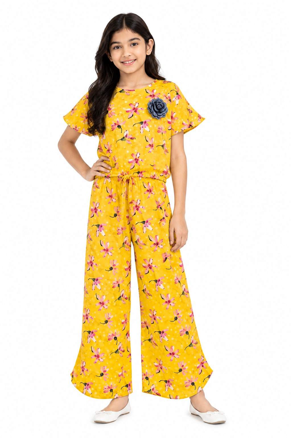 Black 3D Flower Fish Cut Top & Flapper Trouser - Yellow