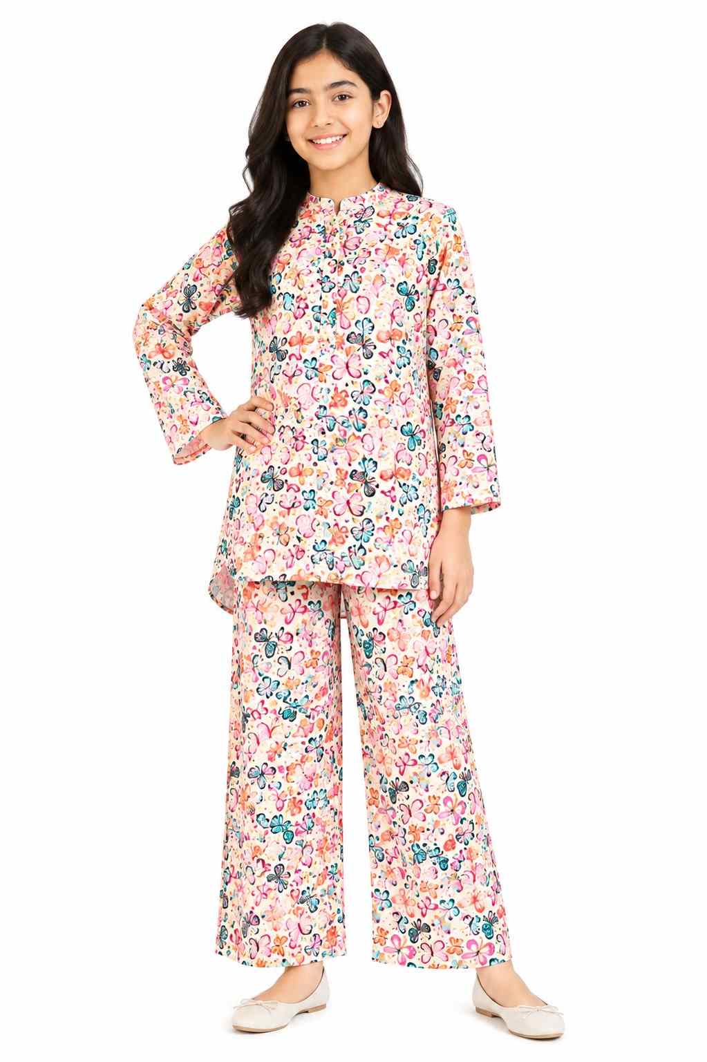 Multi Color Butterfly Kurti with Flapper Trouser -Skin