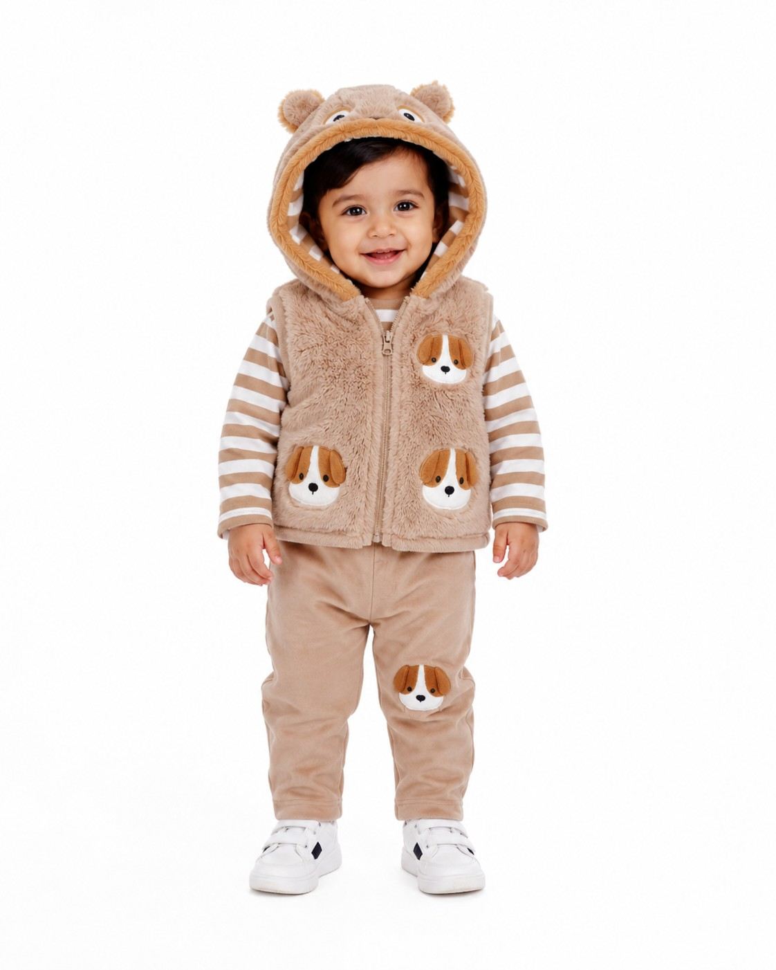 Infant 3-Piece Brown & White Striped Playwear Set with Puppy Motifs