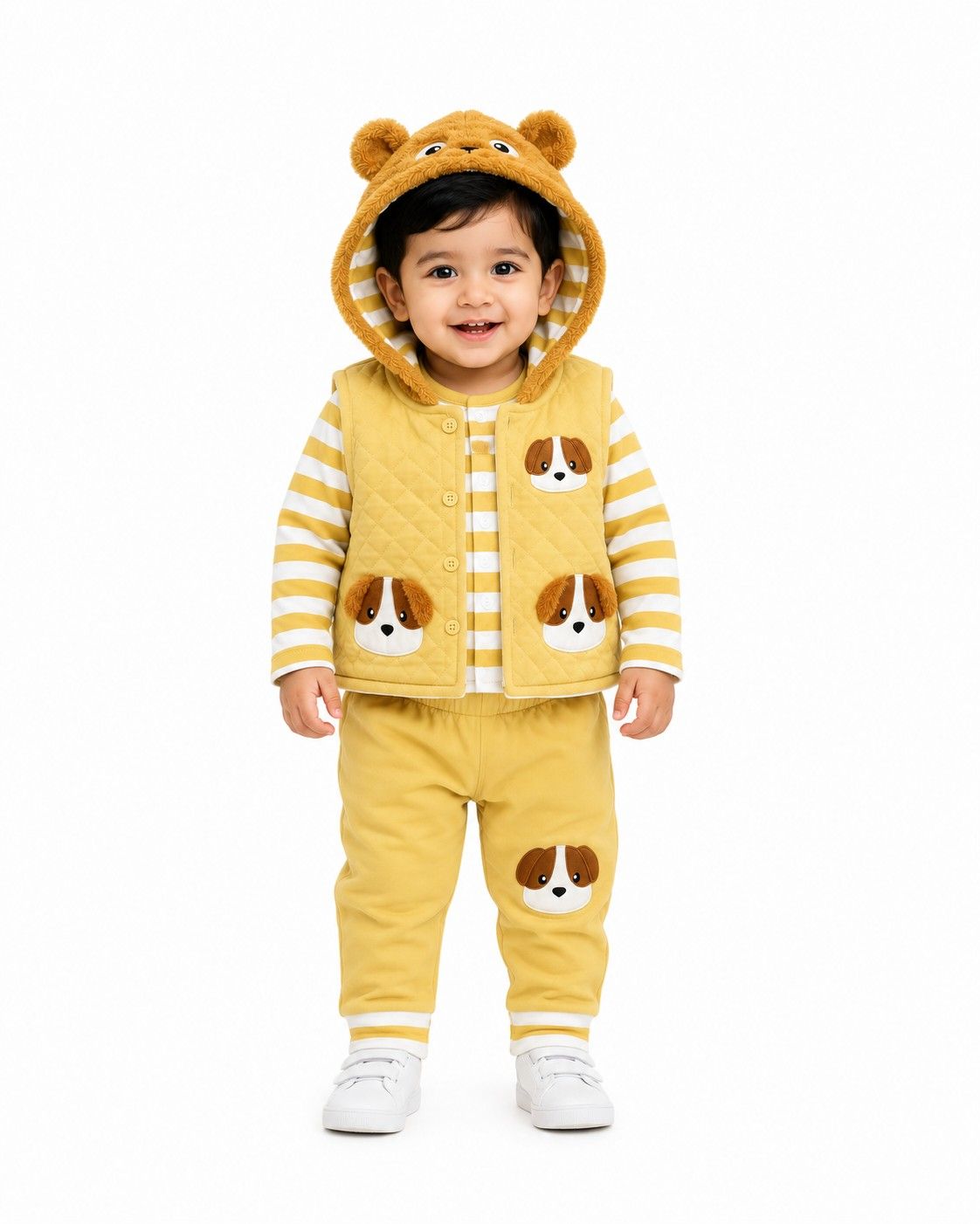 Infant 3-Piece Yellow & White Striped Playwear Set with Puppy Motifs
