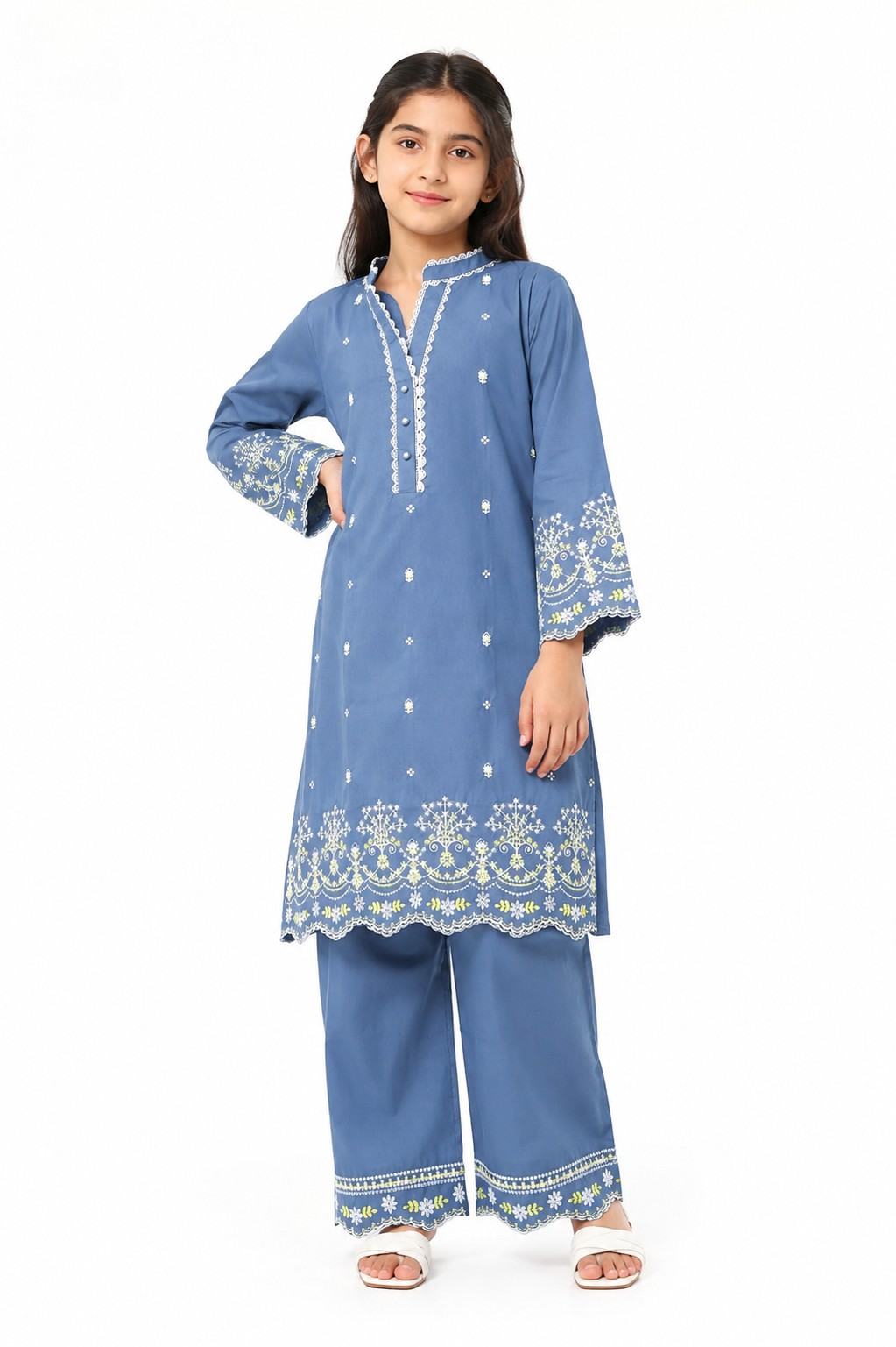 Girls Cotton Yellow Florals Embroidery 2Pcs - Blue