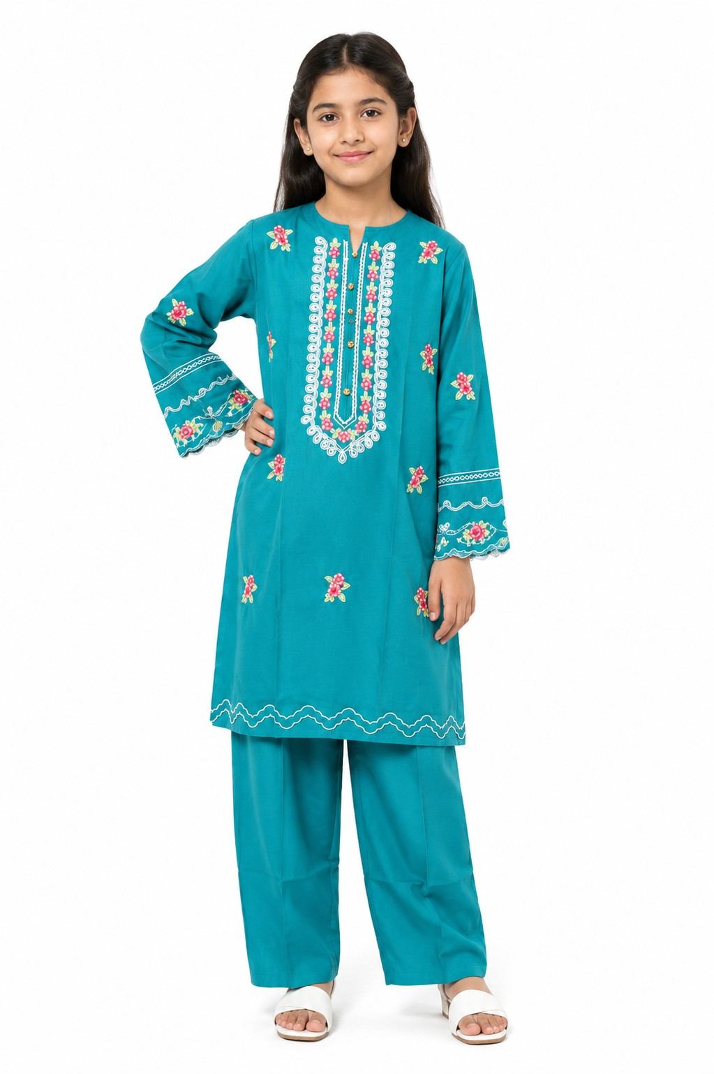 Girls Cotton Embroidery 2Pcs - Green