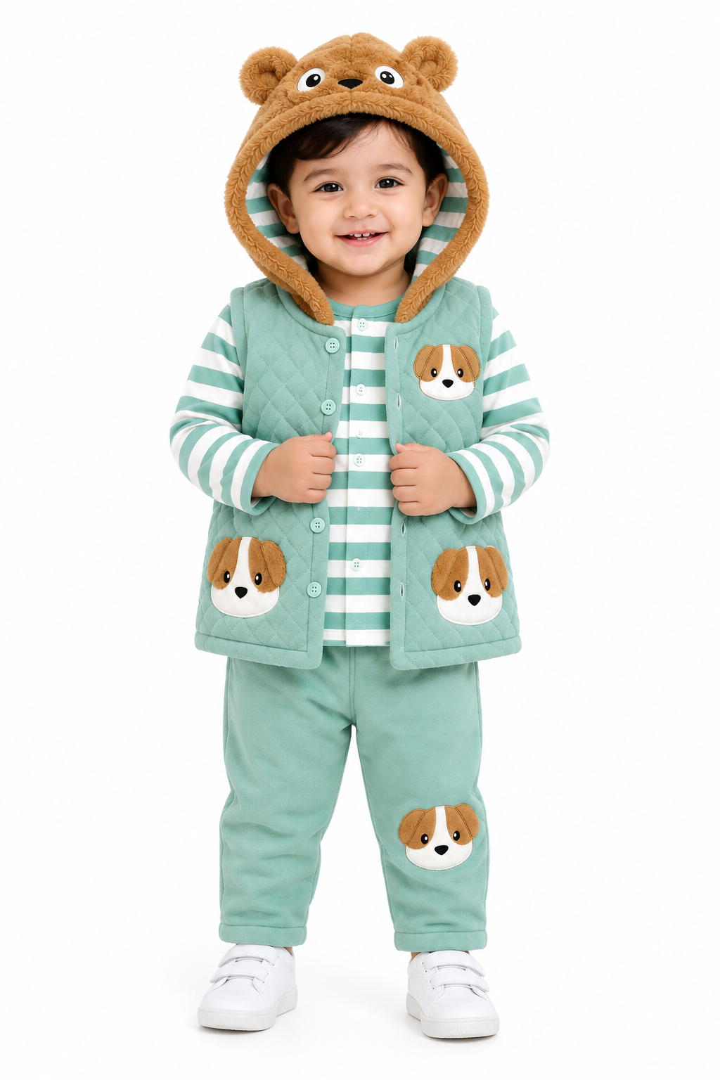 Infant 3-Piece Sea gree & White Striped Playwear Set with Puppy Motifs