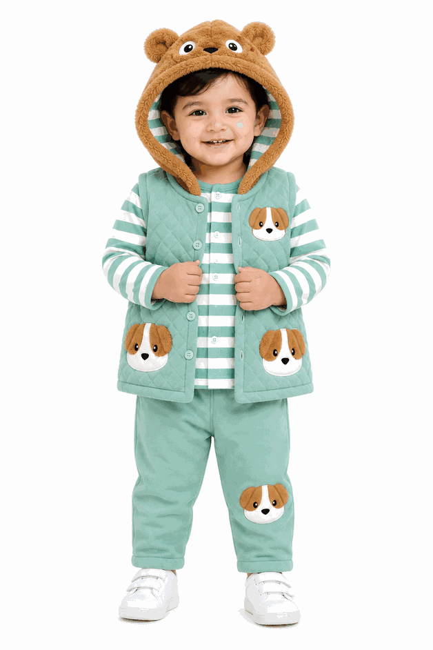 Infant 3-Piece Sea gree & White Striped Playwear Set with Puppy Motifs