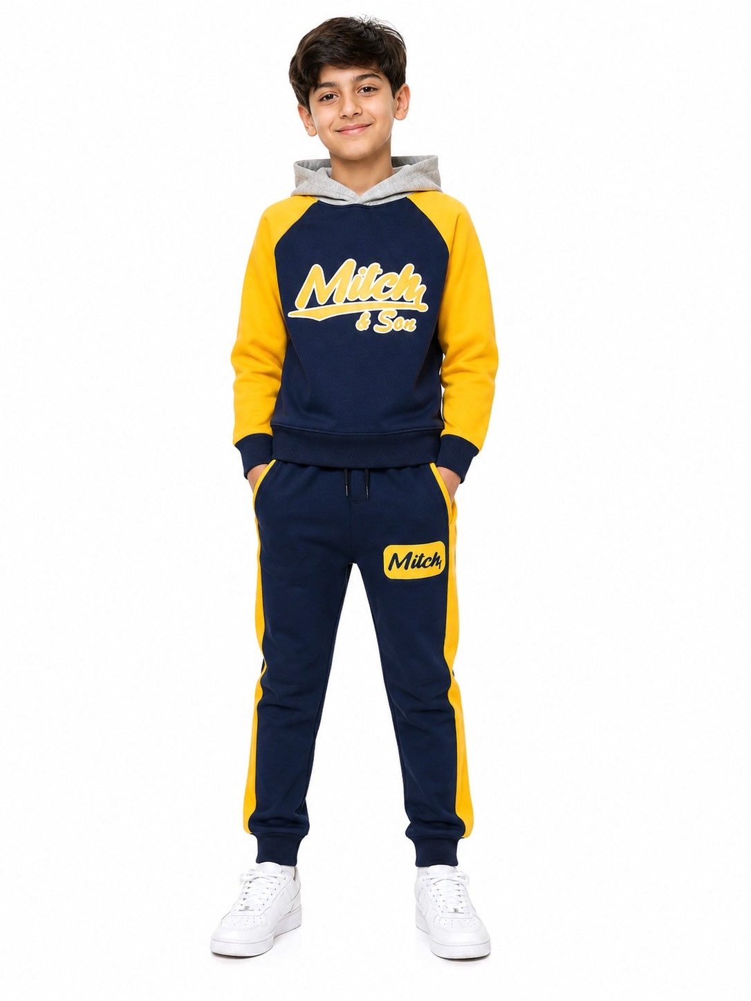 Penal Sleeves Grey Hoodie Fleece Tracksuit - Mustered & Navy Blue