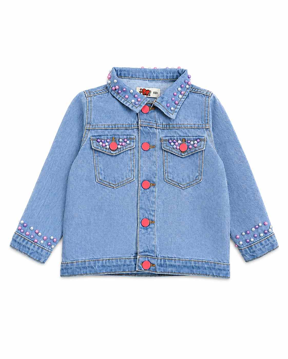 Cute Girls Pink & White Pearls Denim Jacket - Sky Blue